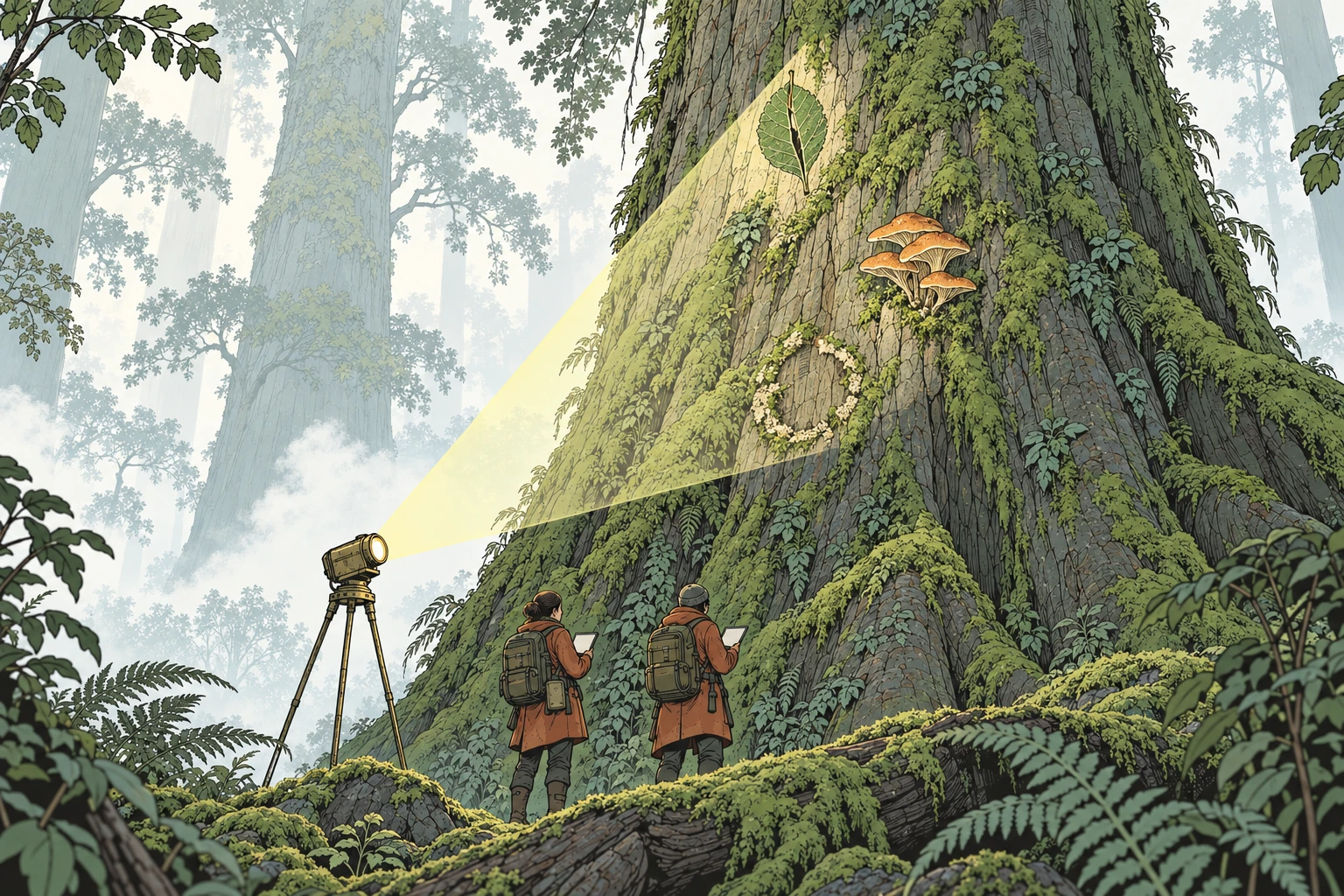 Two small travelers record three natural signals revealed by a lantern beam on an ancient mossy tree in a misty green forest.