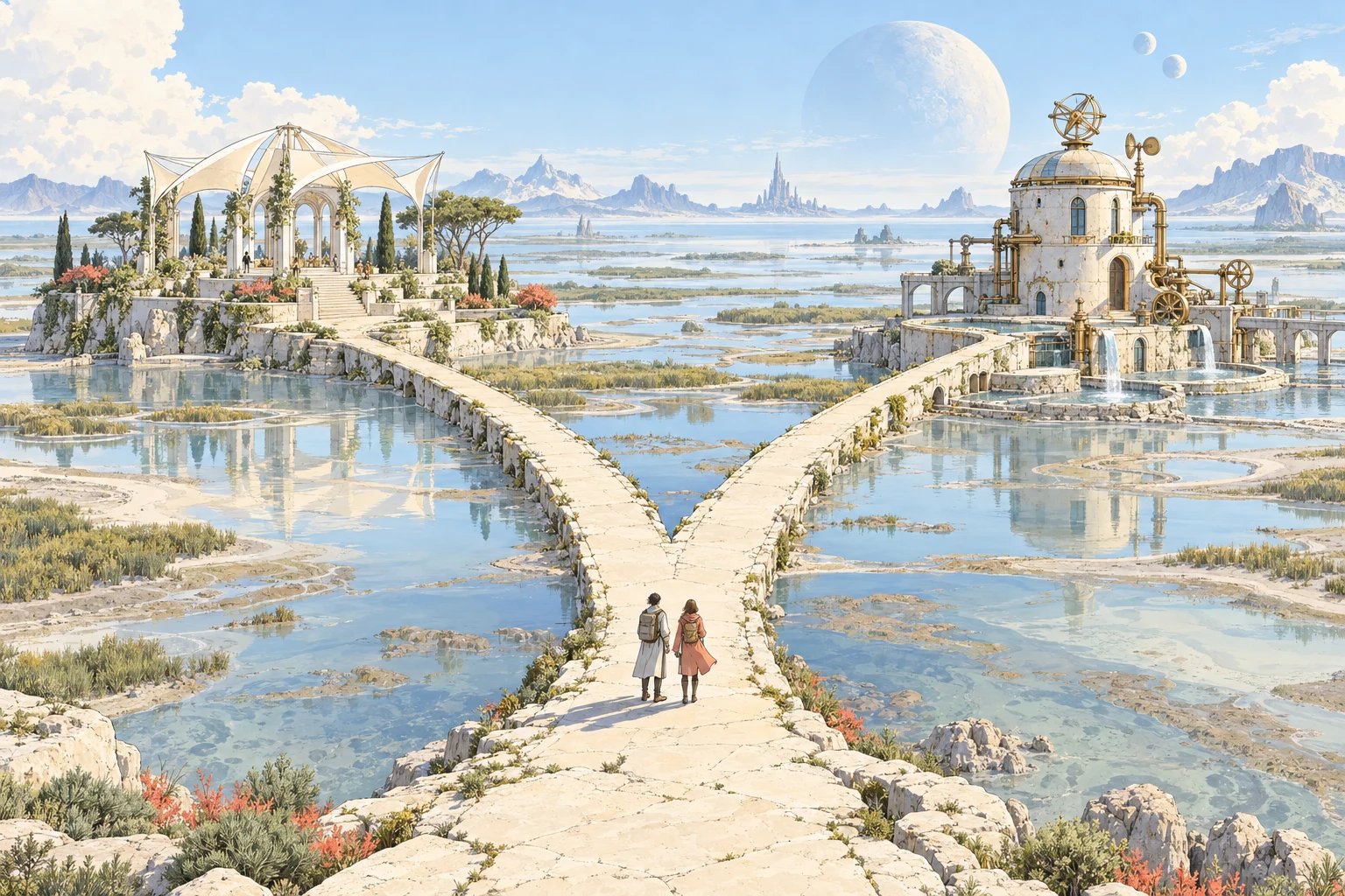 Two small travelers at a fork in a pale salt marsh choose between a luminous garden pavilion and a weathered machine observatory.