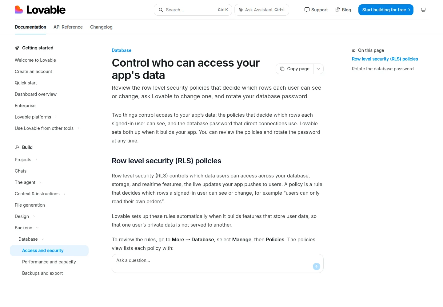 Current Lovable documentation page explaining row-level security policies for application data access.