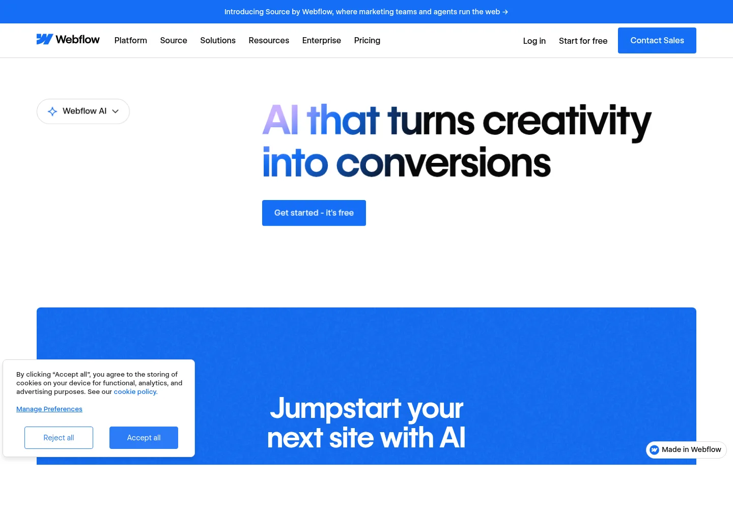 Current Webflow AI product page showing its site-oriented AI message and a section titled Jumpstart your next site with AI.