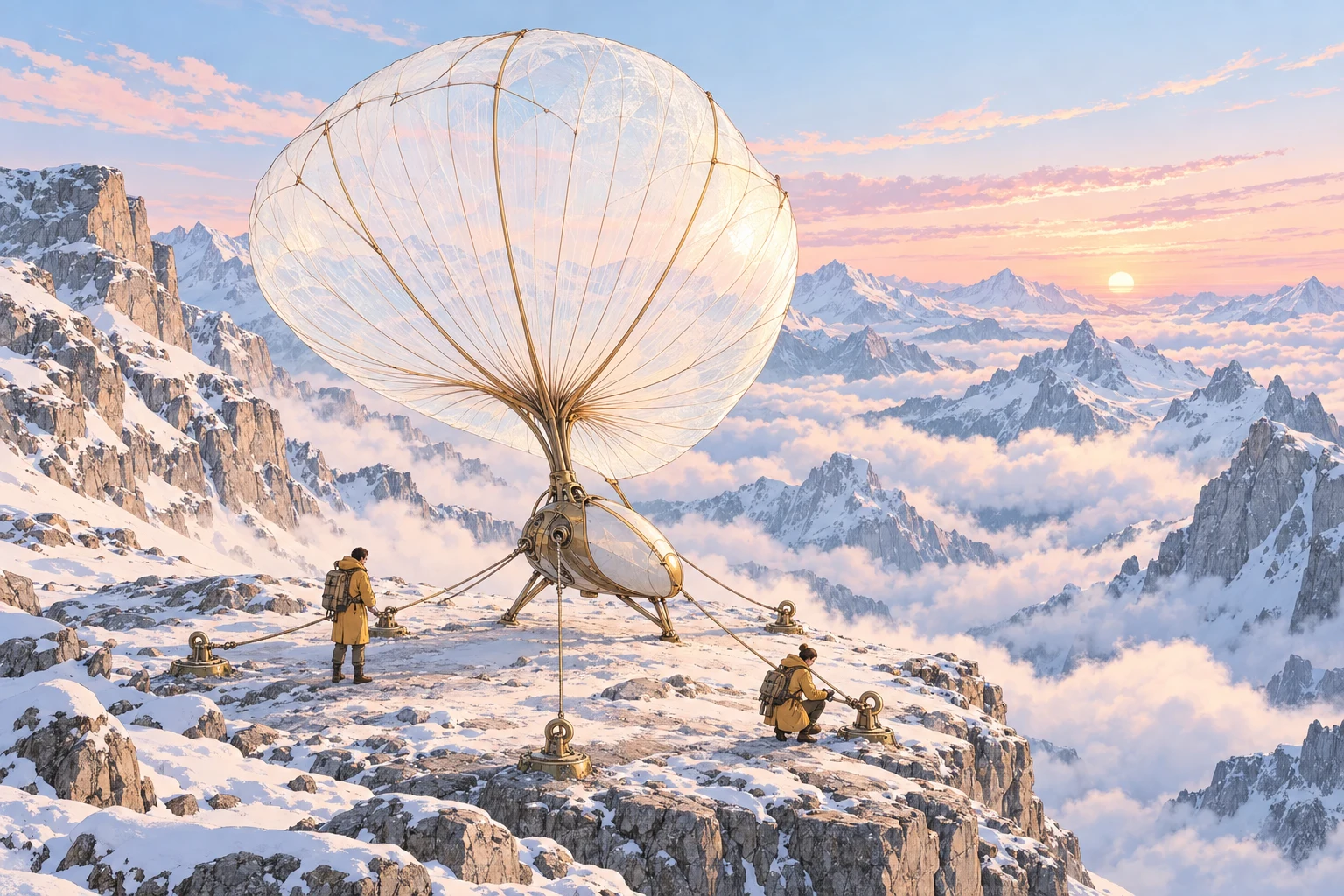 Two small travelers inspect five anchor tethers on a translucent dandelion-seed glider at the edge of a windswept alpine plateau at dawn.