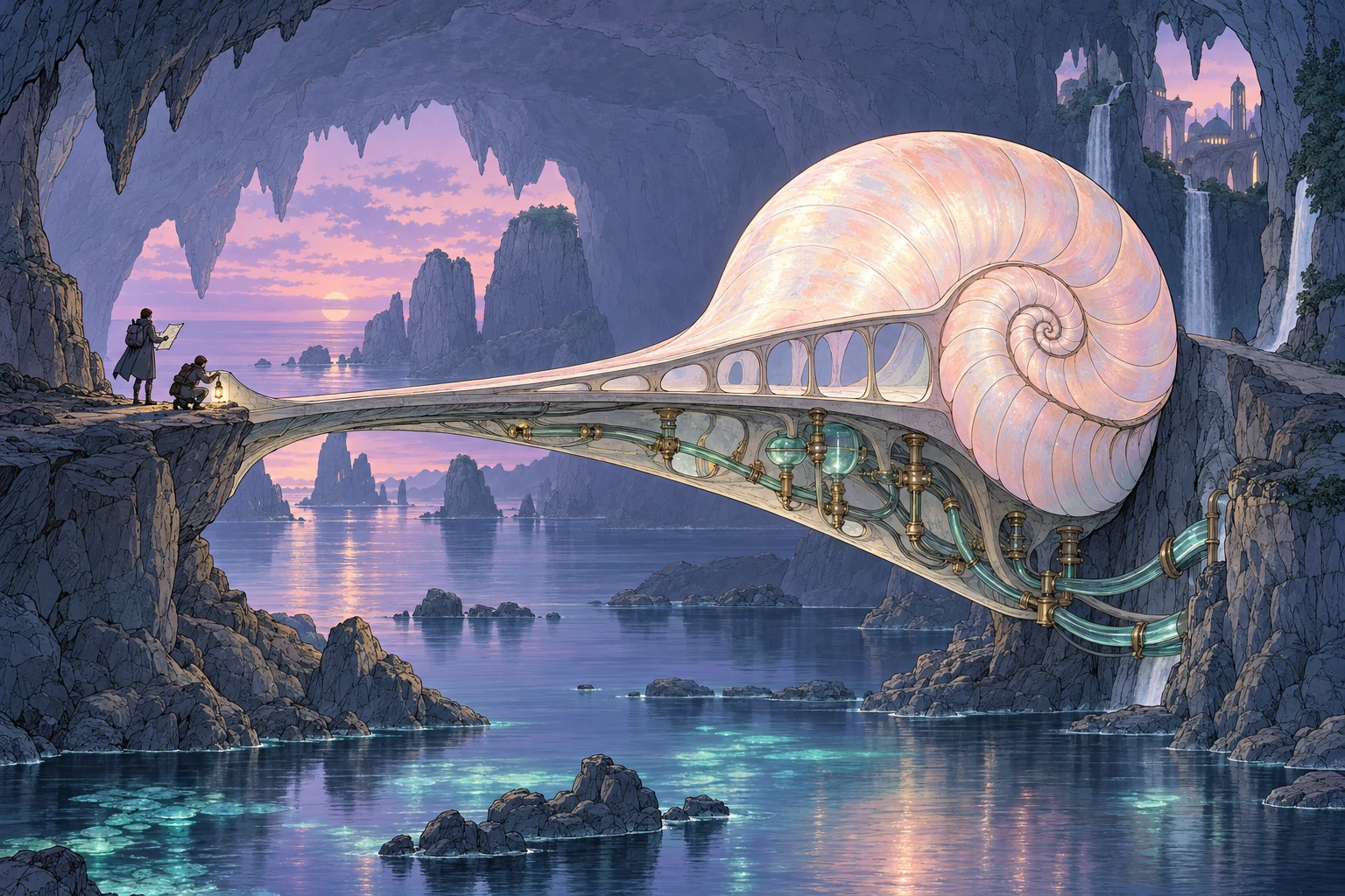 Two small travelers inspect a pearlescent nautilus-shell bridge whose visible upper span is complete while delicate conduits beneath it connect across a violet sea cave.