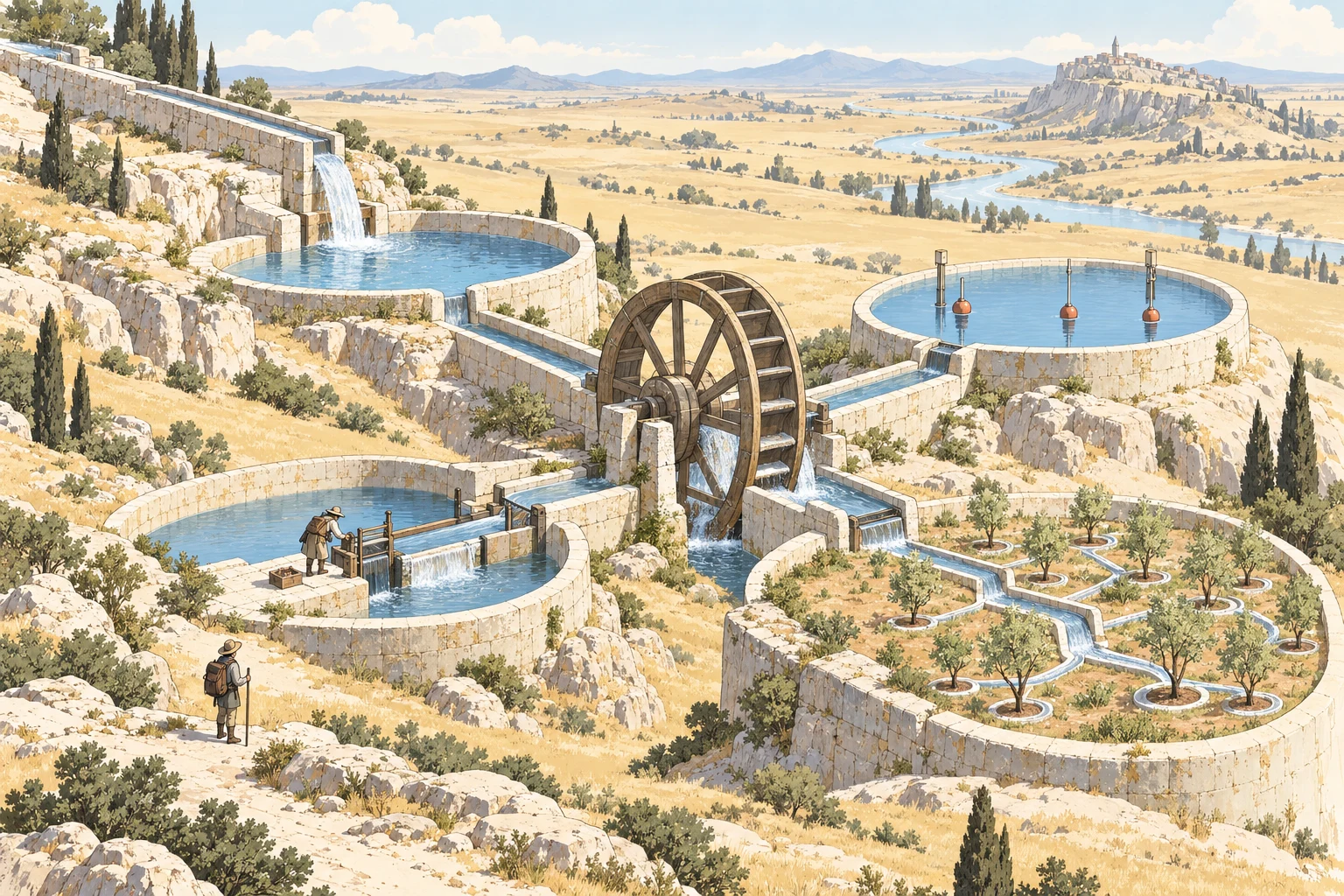 Two small travelers tending four separate terraced reservoirs around a central waterwheel in a pale ochre and blue landscape, representing the four parts of an AI website service.