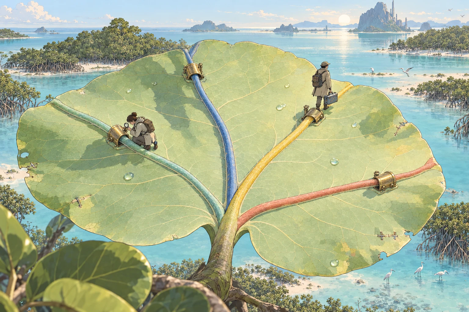 Two small travelers inspect brass collars guiding four colored veins across a giant sea-grape leaf above a turquoise mangrove lagoon.