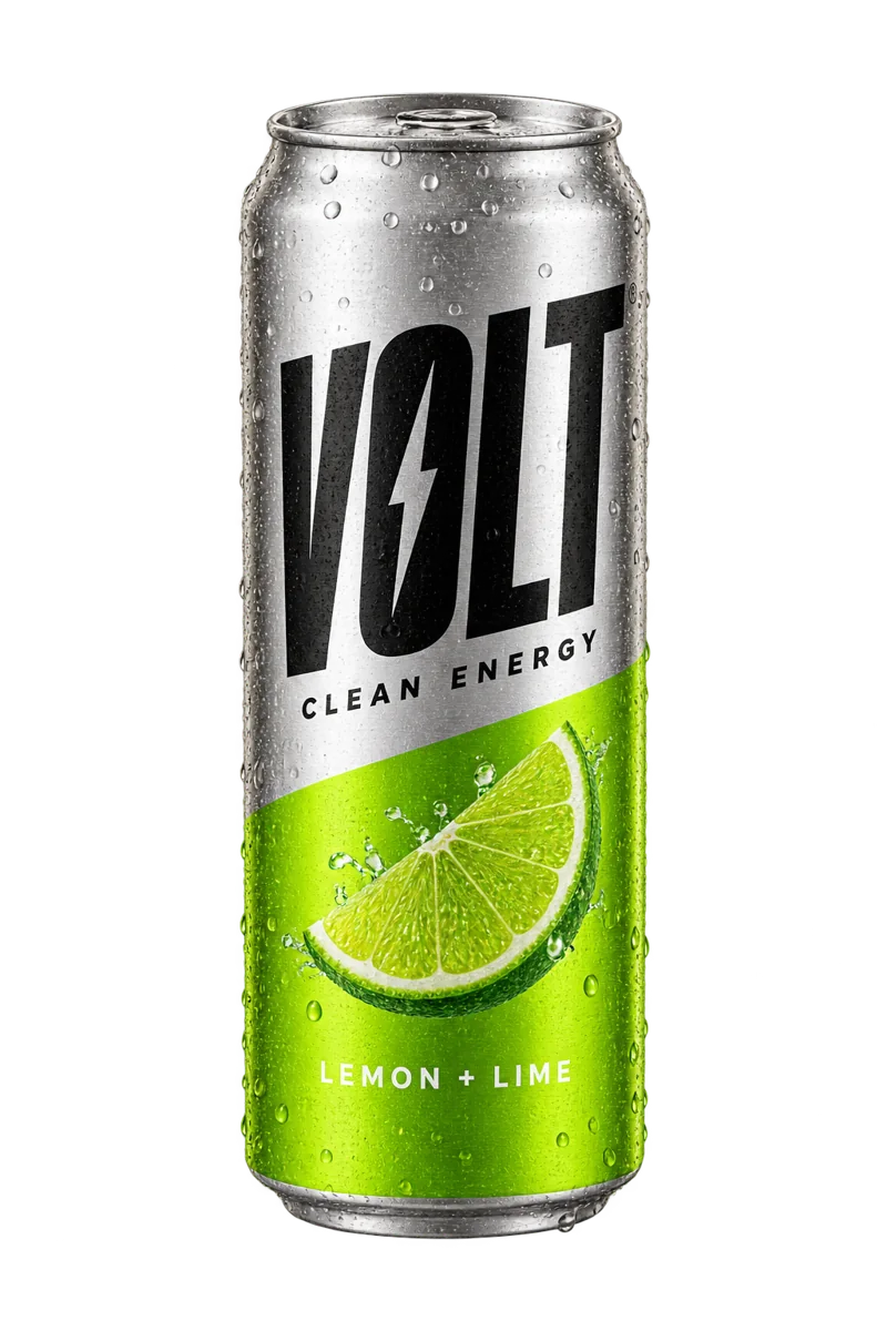 VOLT lemon and lime energy drink in a silver and lime green can