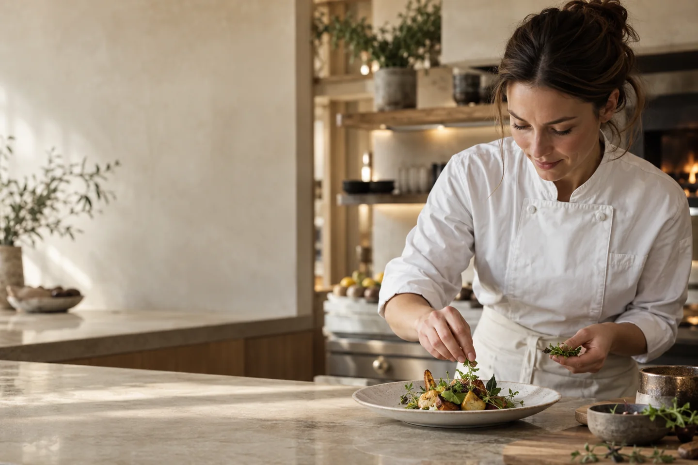 A chef finishing a seasonal dish in a warm oak kitchen